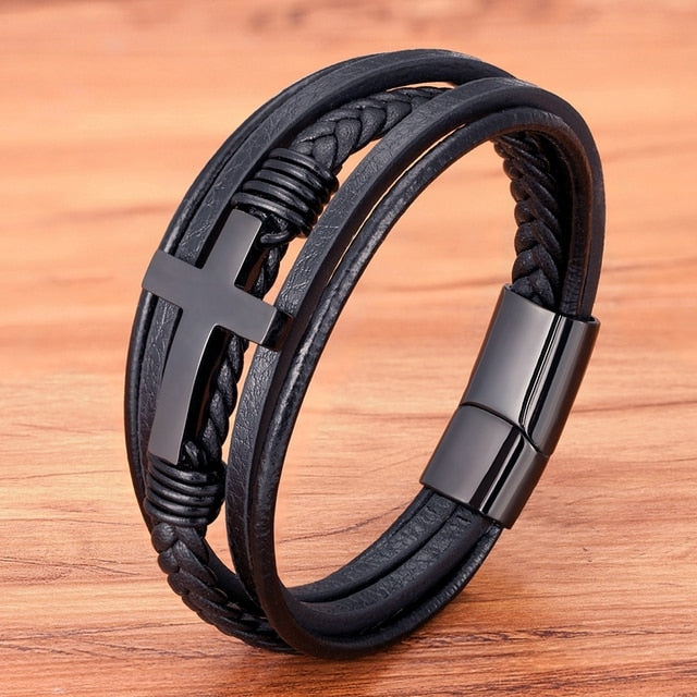 Pulsera de cuero para hombre con costura con cierre