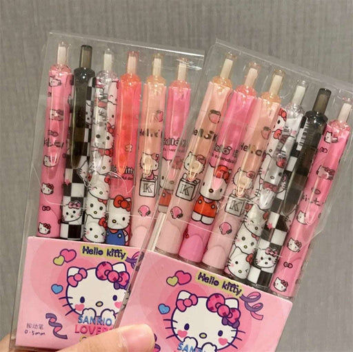 Gel Pen 6Pcs Cartoon Hello Kitty Kuromi ST Quick Drying Black 0.5mm Press The Ballpoint Pen Learning Stationery Gifts Toy