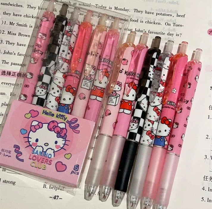 Gel Pen 6Pcs Cartoon Hello Kitty Kuromi ST Quick Drying Black 0.5mm Press The Ballpoint Pen Learning Stationery Gifts Toy