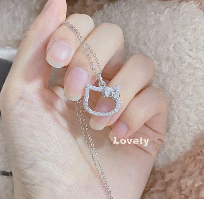 Lovely kitty Anime Kids Chain Necklace Cute Cartoon Hollowed Kitty Crystal Ring for Women Girls