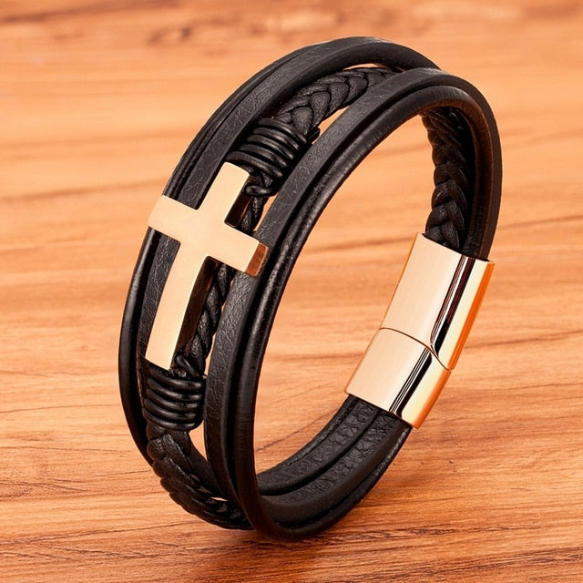 Pulsera de cuero para hombre con costura con cierre