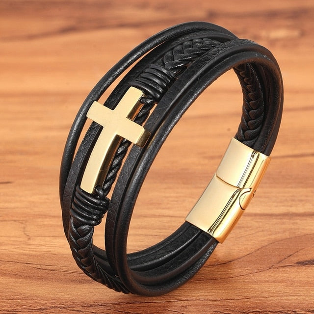 Pulsera de cuero para hombre con costura con cierre