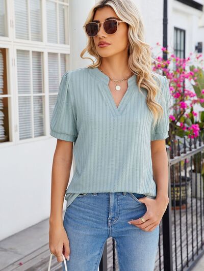 Texture Notched Short Sleeve Blouse