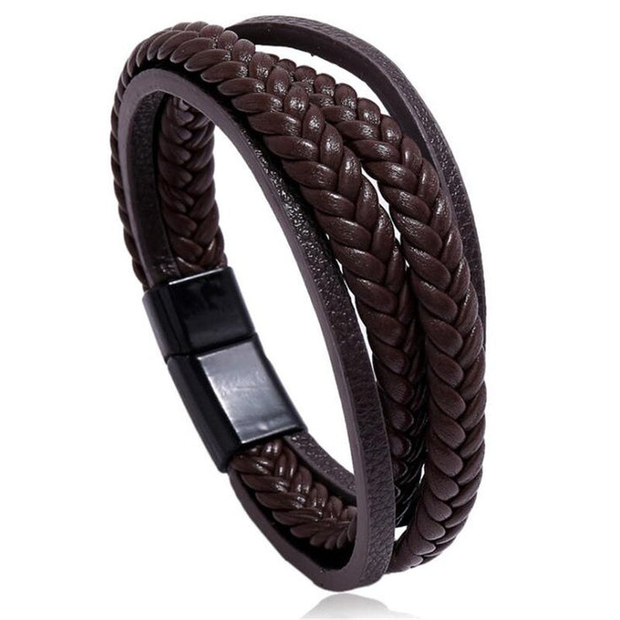 Layer Simple Woven Men's Leather Bracelet Iron Buckle Faux Leather Bracelet