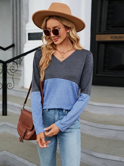 Color Block V-Neck Long Sleeve T-Shirt