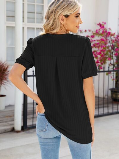 Texture Notched Short Sleeve Blouse