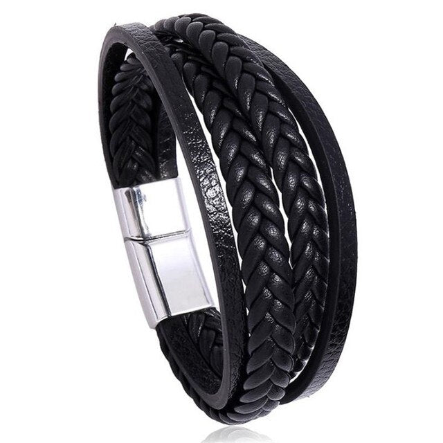 Layer Simple Woven Men's Leather Bracelet Iron Buckle Faux Leather Bracelet