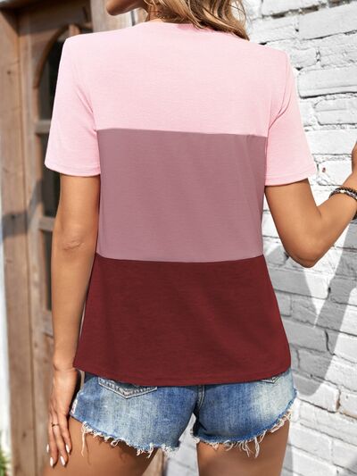 Color Block Round Neck Short Sleeve T-Shirt