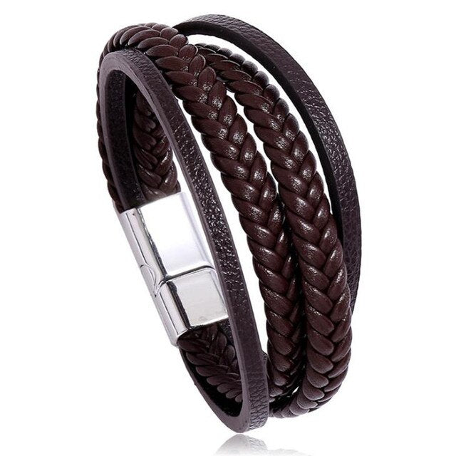 Layer Simple Woven Men's Leather Bracelet Iron Buckle Faux Leather Bracelet