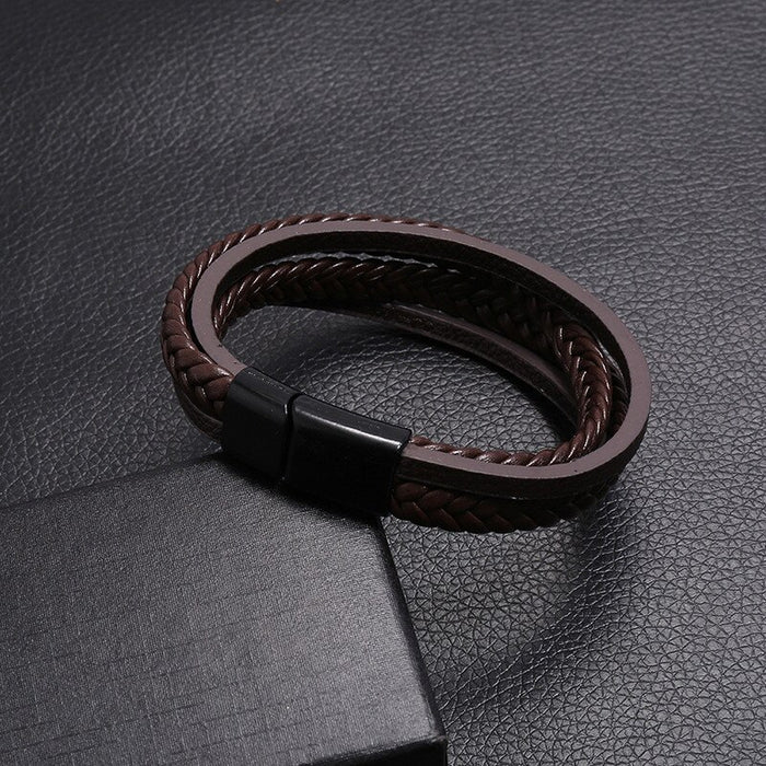 Layer Simple Woven Men's Leather Bracelet Iron Buckle Faux Leather Bracelet