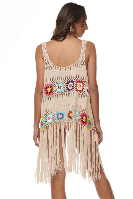 Openwork Fringe Detail Embroidery Sleeveless Cover-Up