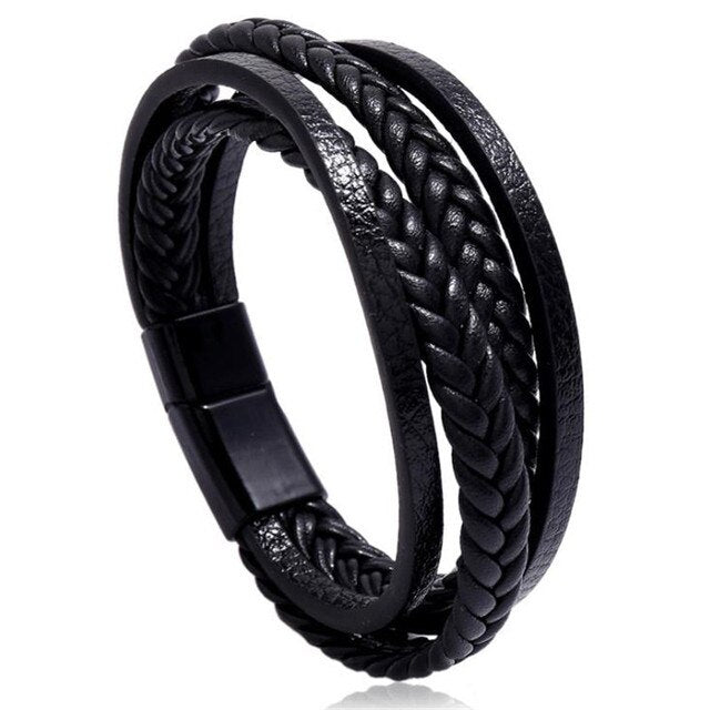 Layer Simple Woven Men's Leather Bracelet Iron Buckle Faux Leather Bracelet