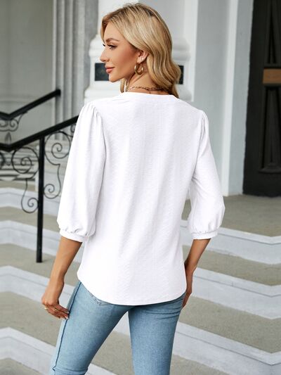 Textured Notched Three-Quarter Sleeve Blouse