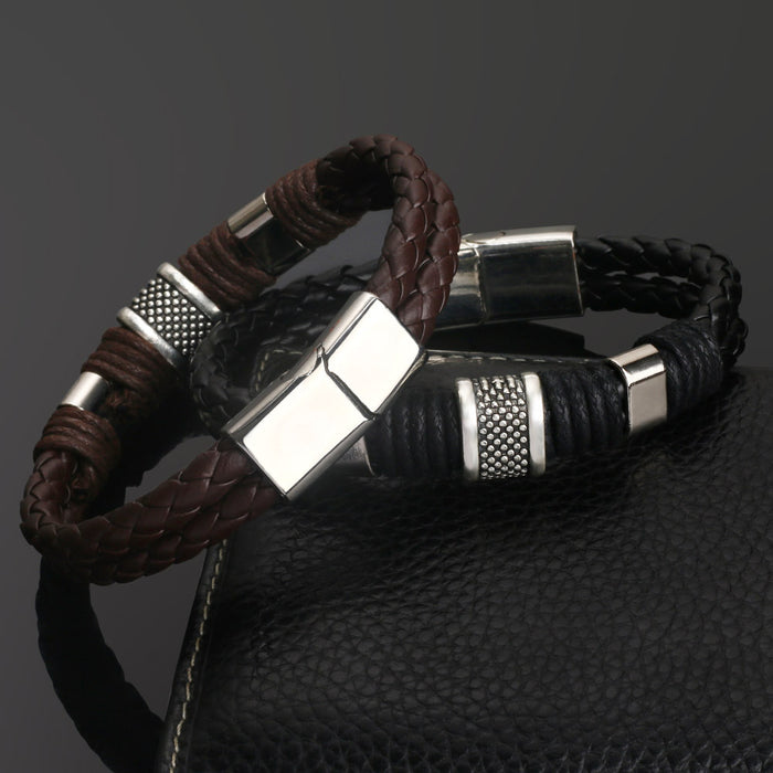 Vintage Leather Men's Leather Magnet Buckle Bracelet Braided Leather Cord Bracelet