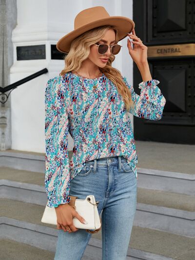 Printed Round Neck Flounce Sleeve Blouse