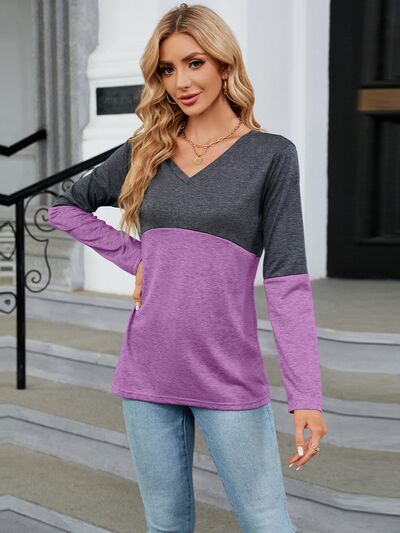 Color Block V-Neck Long Sleeve T-Shirt