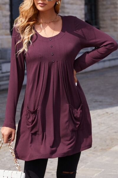 Ruched Pocketed Decorative Button Round Neck T-Shirt