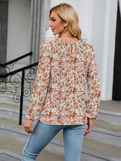 Printed Round Neck Flounce Sleeve Blouse