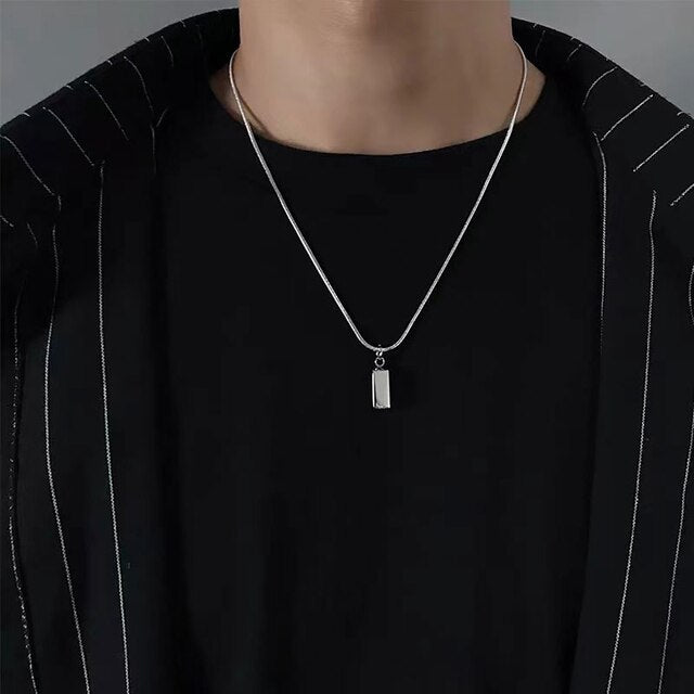 Simple Classic Silver Brick Necklace Men's Trendy Hip Hop Clavicle Chain