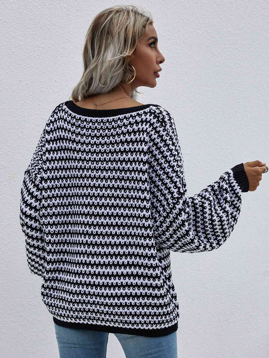 Striped Drop Shoulder V-Neck Pullover Sweater