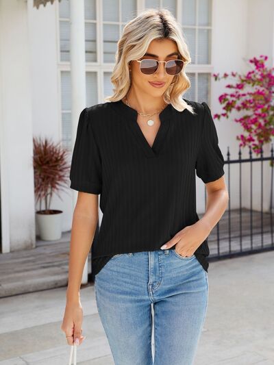 Texture Notched Short Sleeve Blouse