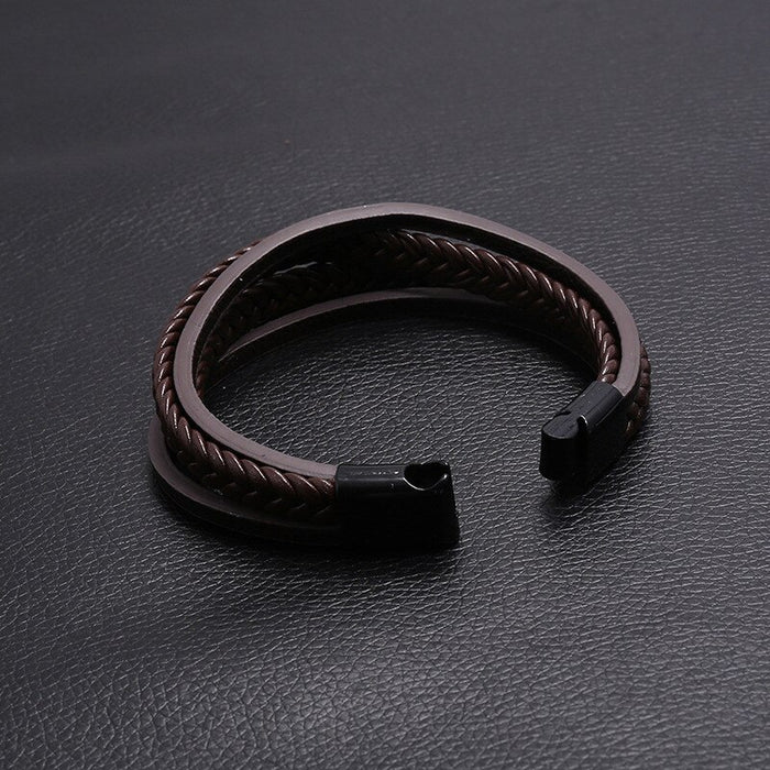 Layer Simple Woven Men's Leather Bracelet Iron Buckle Faux Leather Bracelet