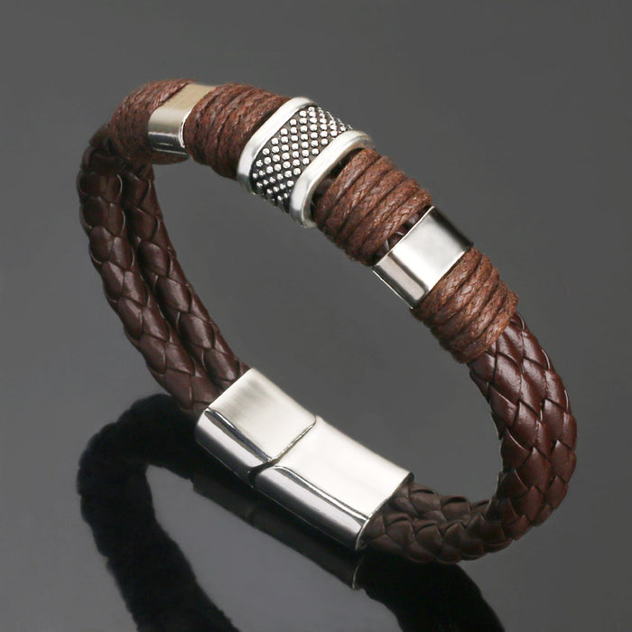 Vintage Leather Men's Leather Magnet Buckle Bracelet Braided Leather Cord Bracelet