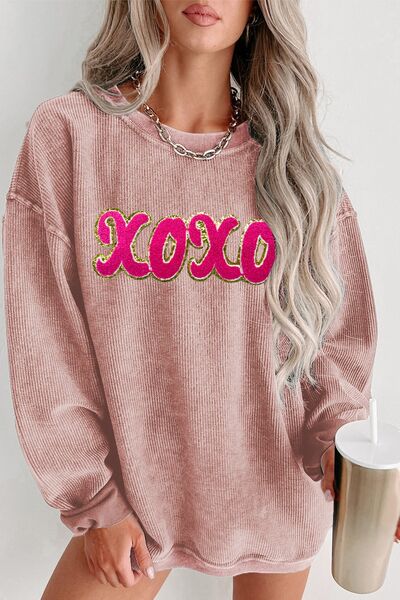 XOXO Sequin Round Neck Dropped Shoulder Sweatshirt