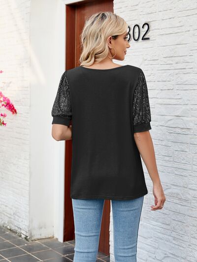 Sequin V-Neck Short Sleeve Blouse