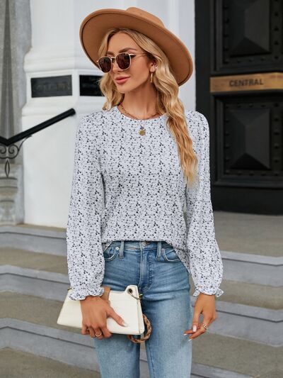 Printed Round Neck Flounce Sleeve Blouse