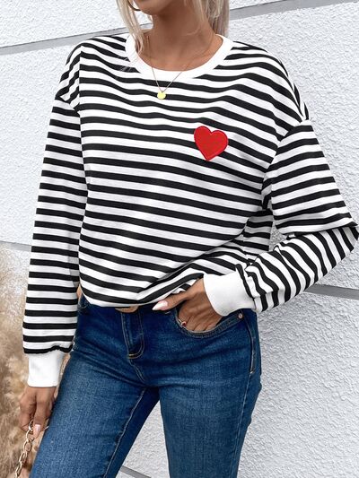 Heart Patch Striped Round Neck Long Sleeve Sweatshirt