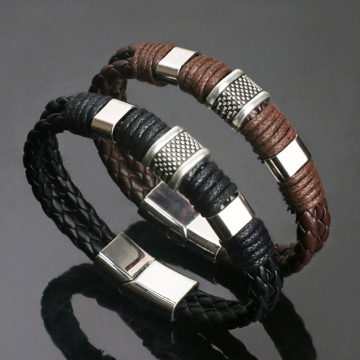 Vintage Leather Men's Leather Magnet Buckle Bracelet Braided Leather Cord Bracelet