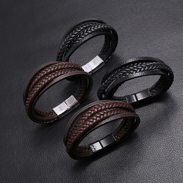 Layer Simple Woven Men's Leather Bracelet Iron Buckle Faux Leather Bracelet