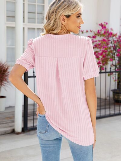 Texture Notched Short Sleeve Blouse