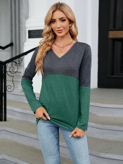 Color Block V-Neck Long Sleeve T-Shirt