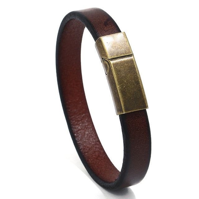 Punk Braided Leather Bracelet For Men Stainless Steel Magnetic Clasp Bangles