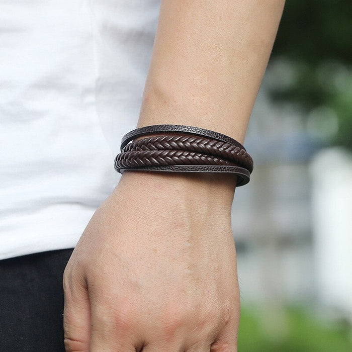 Layer Simple Woven Men's Leather Bracelet Iron Buckle Faux Leather Bracelet