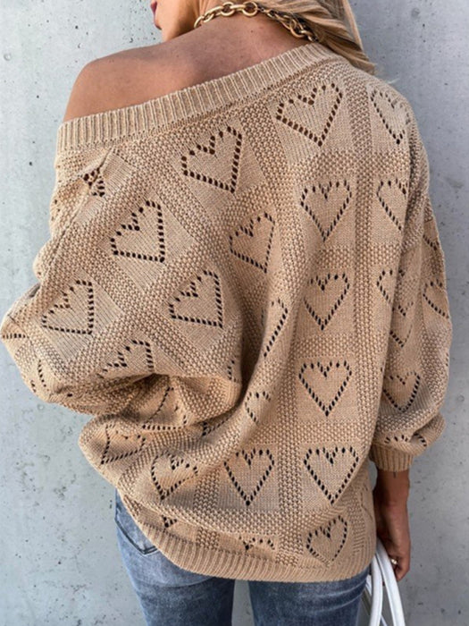 Pullover solid color V-neck heart-shaped hollow loose knitted sweater