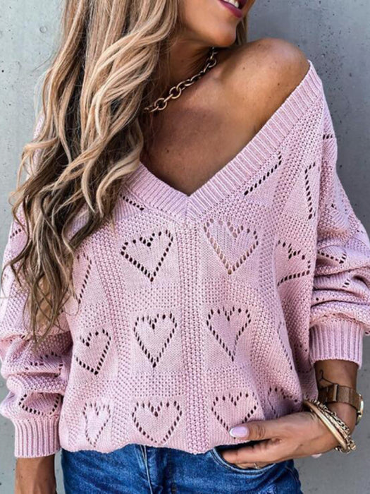 Pullover solid color V-neck heart-shaped hollow loose knitted sweater