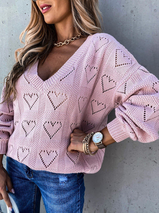 Pullover solid color V-neck heart-shaped hollow loose knitted sweater