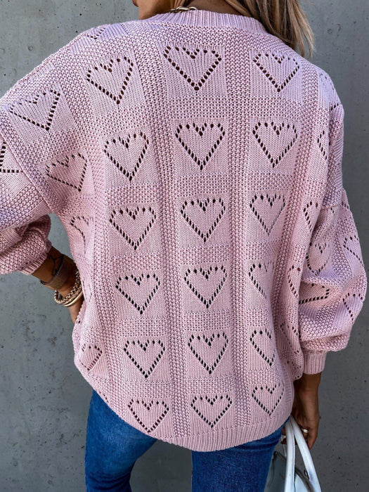 Pullover solid color V-neck heart-shaped hollow loose knitted sweater