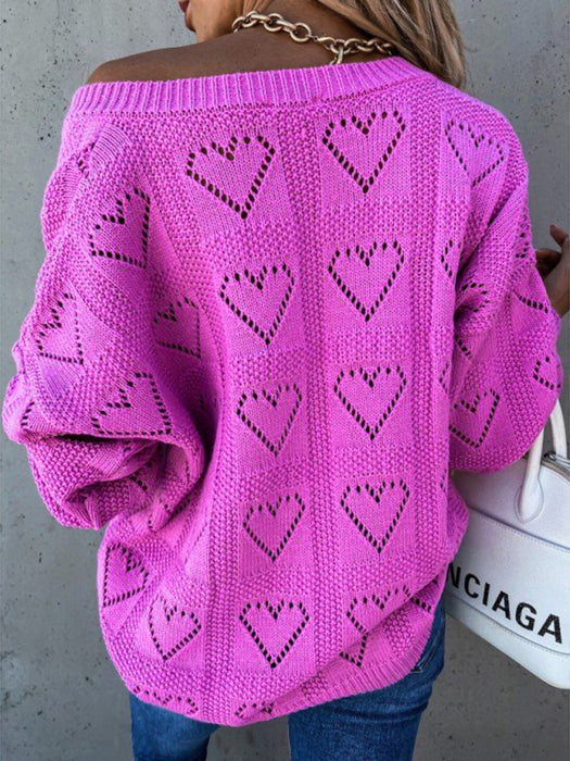 Pullover solid color V-neck heart-shaped hollow loose knitted sweater