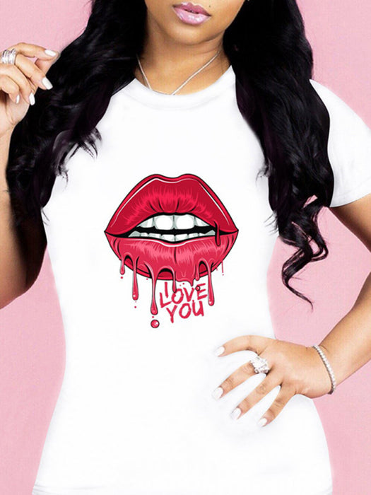 sexy leopard print lips t-shirt round neck short-sleeved T-shirt women's top